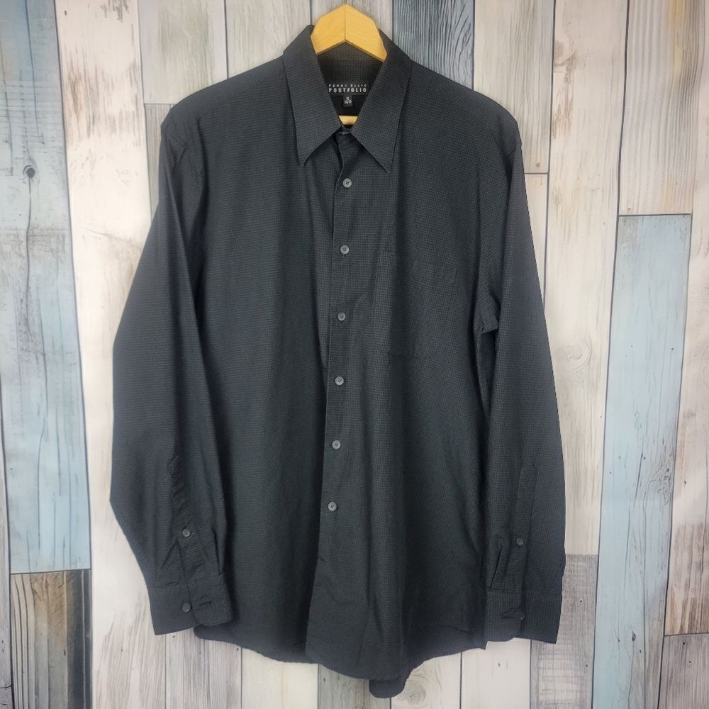 Perry Ellis Black Small Check Long Sleeve Button Down Shirt Size 16 34/35